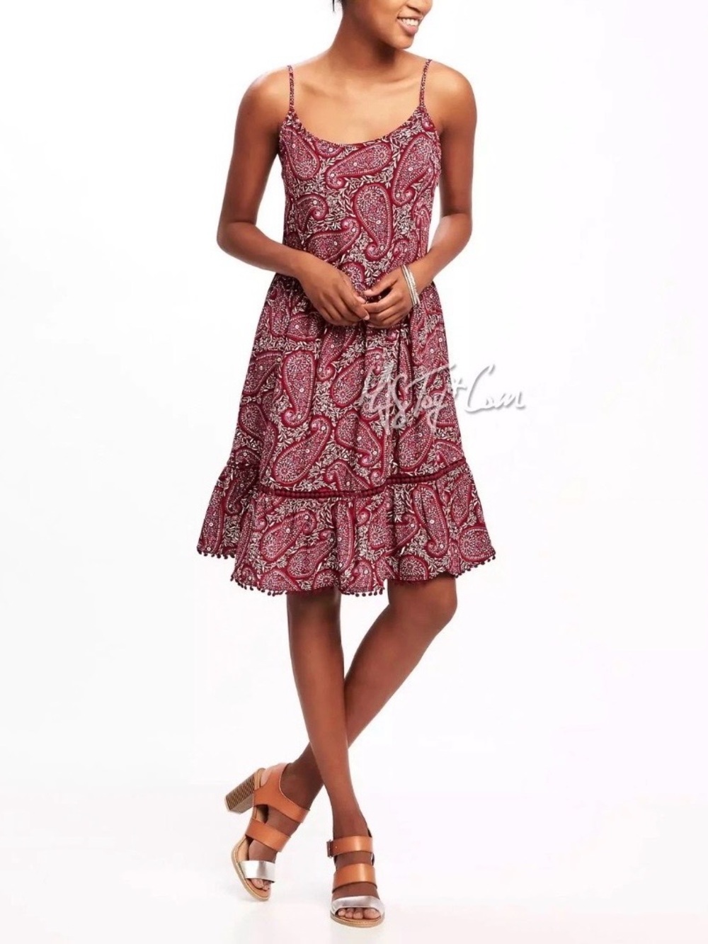 Paisley mini dress Pom-Pom Trim A-line Swing Summer Straps Old Navy boho large